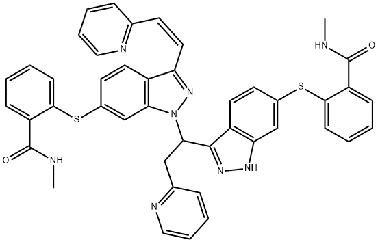 Benzamide, N-methyl-2-[[1-[1-[6-[[2-[(methylamino)carbonyl]phenyl]thio]-1H-indazol-3-yl]-2-(2-pyridinyl)ethyl]-3-[(1Z)-2-(2-pyridinyl)ethenyl]-1H-indazol-6-yl]thio]- 结构式