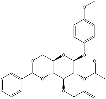 4-甲氧苯基 2-O-乙酰-3-O-烯丙基-4,6-O-苯亚甲基-Β-D-吡喃葡萄糖苷 结构式
