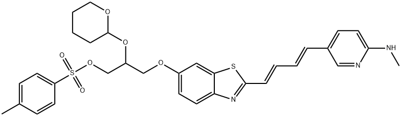 3-(2-((1E,3E)-4-(6-(methylamino)pyridin-3-yl)buta-1,3-dienyl)benzo[d]thiazol-6-yloxy)-2-(tetrahydro-2H-pyran-2-yloxy)propyl 4-methylbenzenesulfonate 结构式