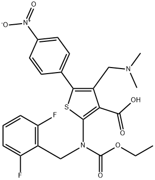 2-((2,6-二氟苄基)(乙氧基羰基)氨基)-4-((二甲基氨基)甲基)-5-(4-硝基苯基)噻吩-3-羧酸 结构式