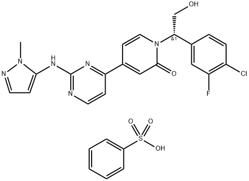 (S)-1-(1-(4-chloro-3-fluorophenyl)-2-hydroxyethyl)-4-(2-((1-methyl-1H-pyrazol-5-yl)amino)pyrimidin-4-yl)pyridin-2(1H)-one benzenesulfonate 结构式