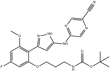 tert-butyl (3-(2-(3-((5-cyanopyrazin-2-yl)amino)-1H-pyrazol-5-yl)-5-fluoro-3-methoxyphenoxy)propyl)carbamate 结构式