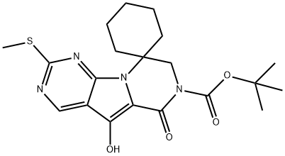 Spiro[cyclohexane-1,9'(6'H)-pyrazino[1',2':1,5]pyrrolo[2,3-d]pyrimidine]-7'(8'H)-carboxylic acid, 5'-hydroxy-2'-(methylthio)-6'-oxo-, 1,1-dimethylethyl ester 结构式