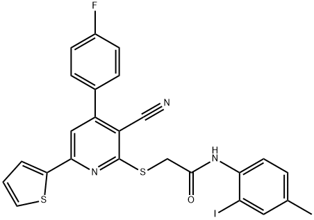 2-{[3-cyano-4-(4-fluorophenyl)-6-(2-thienyl)-2-pyridinyl]sulfanyl}-N-(2-iodo-4-methylphenyl)acetamide 结构式