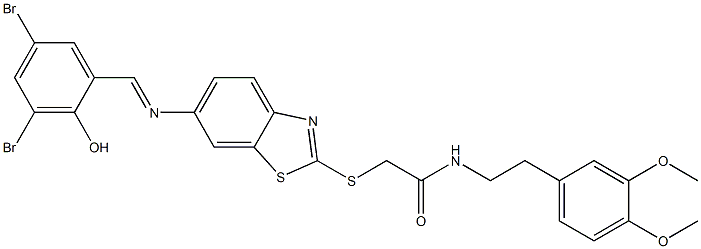 2-({6-[(3,5-dibromo-2-hydroxybenzylidene)amino]-1,3-benzothiazol-2-yl}sulfanyl)-N-[2-(3,4-dimethoxyphenyl)ethyl]acetamide 结构式