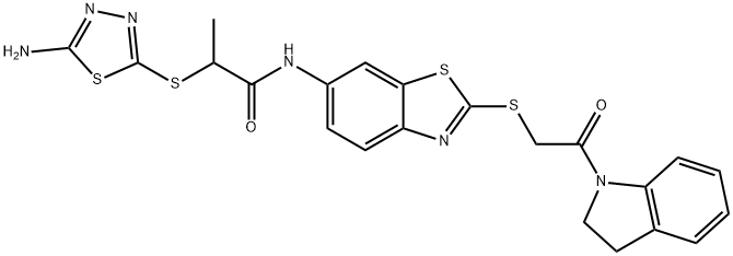 2-[(5-amino-1,3,4-thiadiazol-2-yl)sulfanyl]-N-(2-{[2-(2,3-dihydro-1H-indol-1-yl)-2-oxoethyl]sulfanyl}-1,3-benzothiazol-6-yl)propanamide 结构式