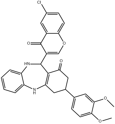 11-(6-chloro-4-oxo-4H-chromen-3-yl)-3-(3,4-dimethoxyphenyl)-2,3,4,5,10,11-hexahydro-1H-dibenzo[b,e][1,4]diazepin-1-one 结构式