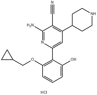 2-氨基-6-[2-(环丙基甲氧基)-6-羟基苯基]-4-(4-哌啶基)-3-吡啶甲腈盐酸盐 结构式