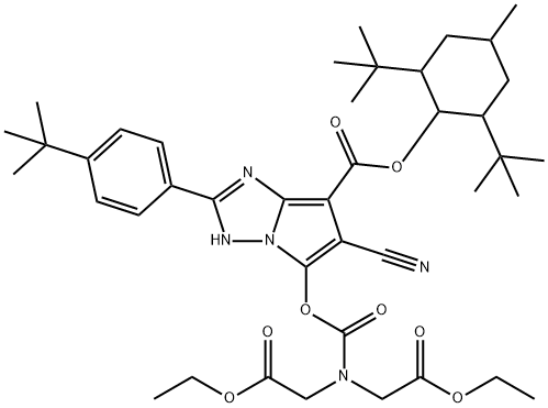 1H-吡咯并[1,2-b][1,2,4]三唑-7-羧酸，5-[[[双(2-乙氧基-2-氧乙基)氨基]羰基]氧基]-6-氰基- 2-[4-(1,1-二甲基乙基)苯基]-2,6-双(1,1-二甲基乙基)-4-甲基环己酯 结构式