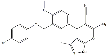 6-amino-4-{3-[(4-chlorophenoxy)methyl]-4-methoxyphenyl}-3-methyl-1,4-dihydropyrano[2,3-c]pyrazole-5-carbonitrile 结构式