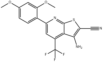 3-amino-6-(2,4-dimethoxyphenyl)-4-(trifluoromethyl)thieno[2,3-b]pyridine-2-carbonitrile 结构式