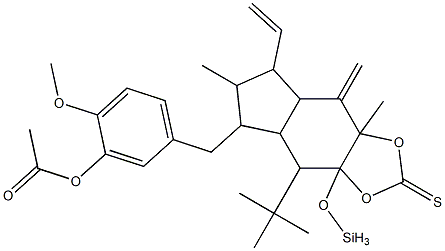 (3aR,4R,4aR,5R,7S,7aS,8aR)-5-(3-acetoxy-4-methoxybenzyl)-4-tert-butyldimethylsiloxy-8-methylene-7-(vinyl)octahydroindeno[5,6-d,1,3]dioxol-2-thione 结构式