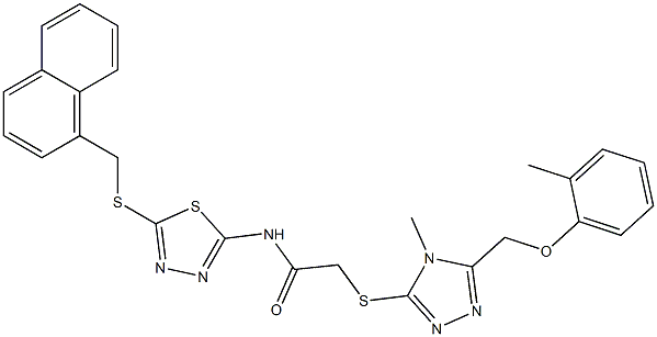 2-({4-methyl-5-[(2-methylphenoxy)methyl]-4H-1,2,4-triazol-3-yl}sulfanyl)-N-{5-[(1-naphthylmethyl)sulfanyl]-1,3,4-thiadiazol-2-yl}acetamide 结构式