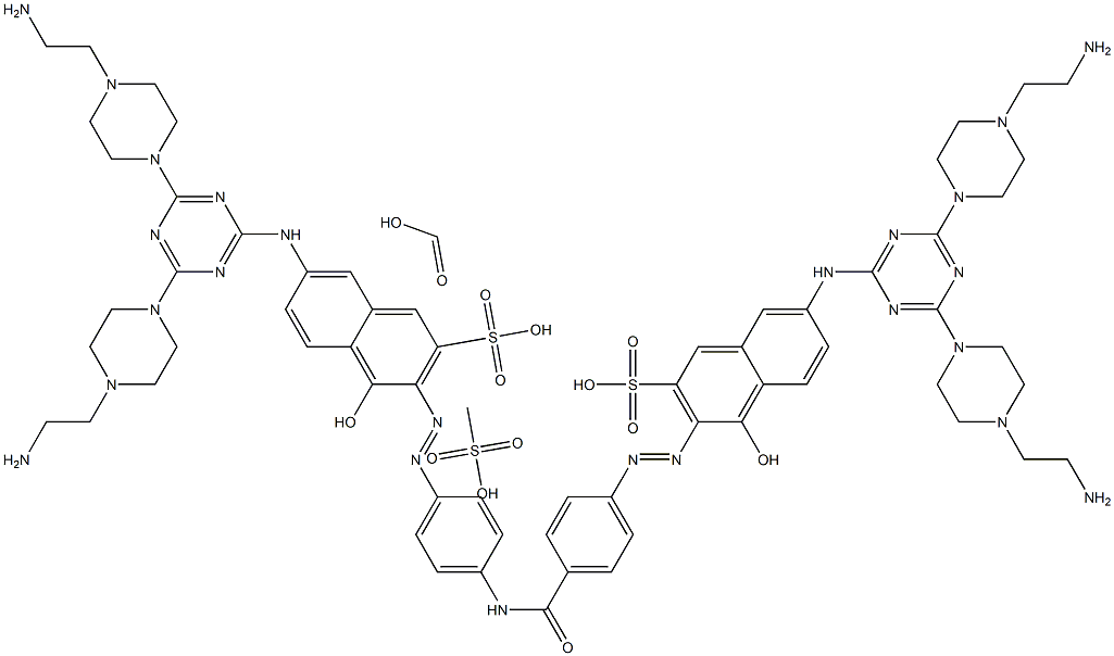 2-Naphthalenesulfonicacid,7-[[4,6-bis[4-(2-aminoethyl)-1-piperazinyl]-1,3,5-triazin-2-yl]amino]-3-[[4-[[4-[[6-[[4,6-bis[4-(2-aminoethyl)-1-piperazinyl]-1,3,5-triazin-2-yl]amino]-1-hydroxy-3-sulfo-2-naphthalenyl]azo]benzoyl]amino]phenyl]azo]-4-hydroxy-,formate(salt)methanesulfonate(salt) 结构式