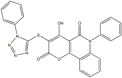 4-hydroxy-6-phenyl-3-[(1-phenyl-1H-tetraazol-5-yl)sulfanyl]-2H-pyrano[3,2-c]quinoline-2,5(6H)-dione 结构式