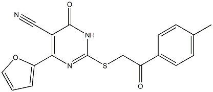 4-(2-furyl)-2-{[2-(4-methylphenyl)-2-oxoethyl]sulfanyl}-6-oxo-1,6-dihydro-5-pyrimidinecarbonitrile 结构式