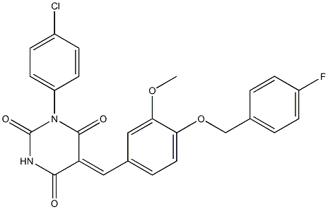 1-(4-chlorophenyl)-5-{4-[(4-fluorobenzyl)oxy]-3-methoxybenzylidene}-2,4,6(1H,3H,5H)-pyrimidinetrione 结构式