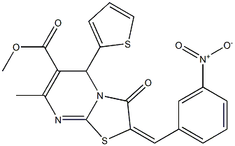 methyl 2-{3-nitrobenzylidene}-7-methyl-3-oxo-5-(2-thienyl)-2,3-dihydro-5H-[1,3]thiazolo[3,2-a]pyrimidine-6-carboxylate 结构式