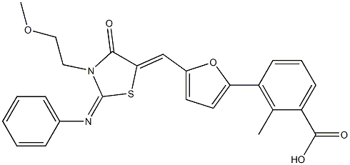 3-(5-{[3-(2-methoxyethyl)-4-oxo-2-(phenylimino)-1,3-thiazolidin-5-ylidene]methyl}-2-furyl)-2-methylbenzoic acid 结构式