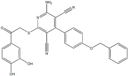 2-amino-4-[4-(benzyloxy)phenyl]-6-{[2-(3,4-dihydroxyphenyl)-2-oxoethyl]sulfanyl}-3,5-pyridinedicarbonitrile 结构式