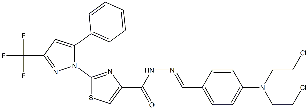 N'-{4-[bis(2-chloroethyl)amino]benzylidene}-2-[5-phenyl-3-(trifluoromethyl)-1H-pyrazol-1-yl]-1,3-thiazole-4-carbohydrazide 结构式