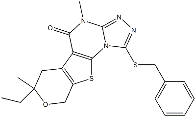 1-(benzylsulfanyl)-7-ethyl-4,7-dimethyl-6,9-dihydro-7H-pyrano[4',3':4,5]thieno[3,2-e][1,2,4]triazolo[4,3-a]pyrimidin-5(4H)-one 结构式