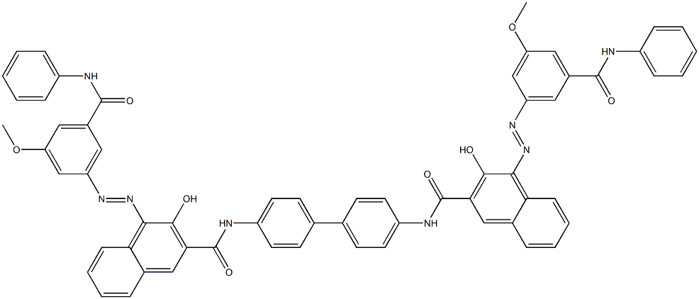 N,N'-(1,1'-Biphenyl-4,4'-diyl)bis[4-[[3-methoxy-5-(phenylcarbamoyl)phenyl]azo]-3-hydroxy-2-naphthalenecarboxamide] 结构式