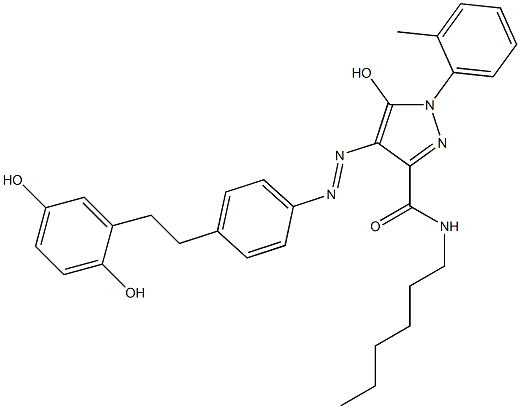 1-(2-Methylphenyl)-3-hexylcarbamoyl-4-[p-[2-(2,5-dihydroxyphenyl)ethyl]phenylazo]-5-hydroxy-1H-pyrazole 结构式