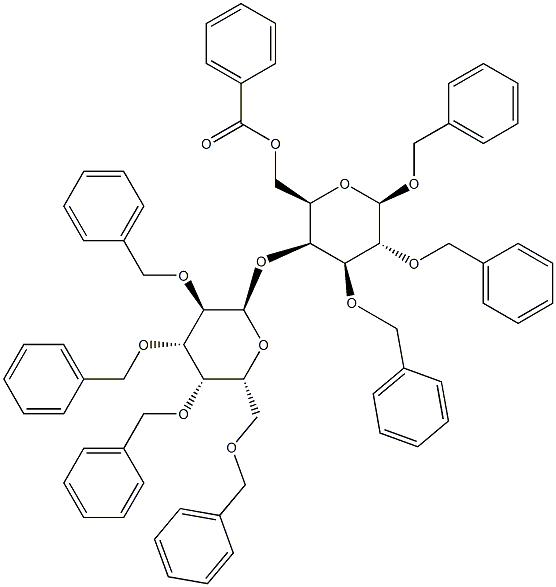 苄基4-O-(2,3,4,6-四-O-苄基-Α-D-吡喃半乳糖基)-2,3-二-O-苄基-6-O-苯甲酰基-Β-D-吡喃半乳糖苷 结构式