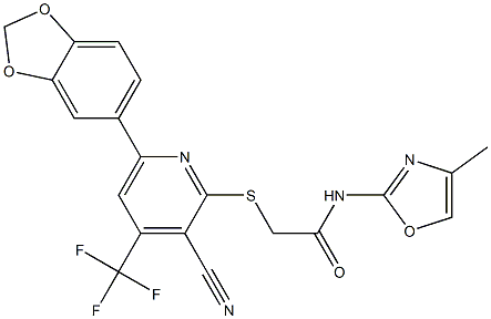 2-{[6-(1,3-benzodioxol-5-yl)-3-cyano-4-(trifluoromethyl)-2-pyridinyl]sulfanyl}-N-(4-methyl-1,3-oxazol-2-yl)acetamide 结构式