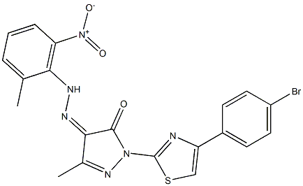 1-[4-(4-bromophenyl)-1,3-thiazol-2-yl]-3-methyl-1H-pyrazole-4,5-dione 4-[N-(2-methyl-6-nitrophenyl)hydrazone] 结构式