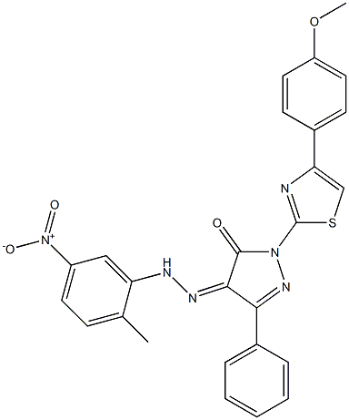 1-[4-(4-methoxyphenyl)-1,3-thiazol-2-yl]-3-phenyl-1H-pyrazole-4,5-dione 4-[N-(2-methyl-5-nitrophenyl)hydrazone] 结构式