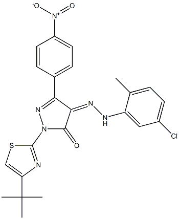 1-[4-(tert-butyl)-1,3-thiazol-2-yl]-3-(4-nitrophenyl)-1H-pyrazole-4,5-dione 4-[N-(5-chloro-2-methylphenyl)hydrazone] 结构式