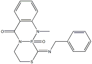[9-Methyl-1-(benzylimino)-1,2,3,4,4a,9a-hexahydro-2-thia-4a,9-diaza-9a-phosphaanthracen-10(9H)-one]9a-oxide 结构式