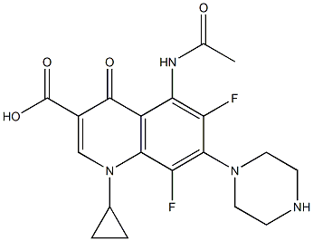 1,4-Dihydro-1-cyclopropyl-6,8-difluoro-5-(acetylamino)-7-(piperazin-1-yl)-4-oxoquinoline-3-carboxylic acid 结构式