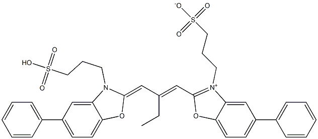 2-[2-Ethyl-3-[2,3-dihydro-3-(3-sulfopropyl)-5-phenylbenzoxazole-2-ylidene]-1-propenyl-]-3-(3-sulfonatopropyl)-5-phenylbenzoxazole-3-ium 结构式