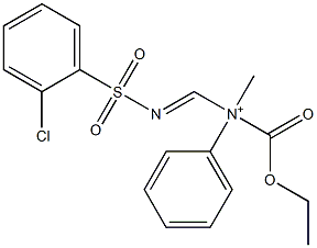 N-Ethoxycarbonyl-N-methyl-N-(2-chlorophenylsulfonyliminomethyl)benzenaminium 结构式