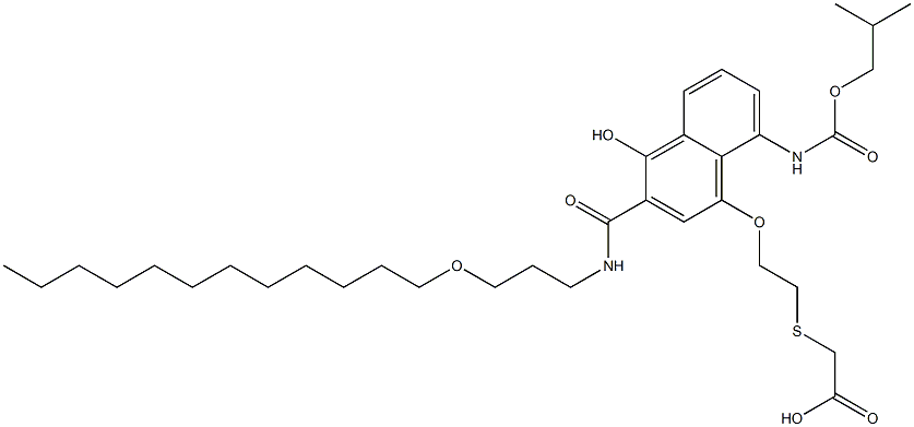 2-[2-[[3-[[3-(Dodecyloxy)propyl]carbamoyl]-4-hydroxy-8-[[(isobutyloxy)carbonyl]amino]-1-naphtyl]oxy]ethylthio]acetic acid 结构式