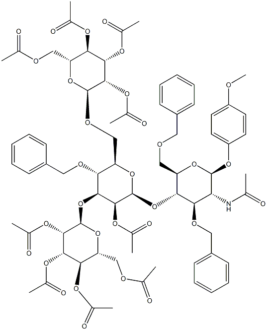 4-Methoxyphenyl 2-acetamido-4-O-[2-O-acetyl-3,6-di-O-(2,3,4,6-tetra-O-acetyl-a-D-mannopyranosyl)-4-O-benzyl-b-D-mannopyranosyl]-3,6-di-O-benzyl-2-deoxy-b-D-glucopyranoside 结构式