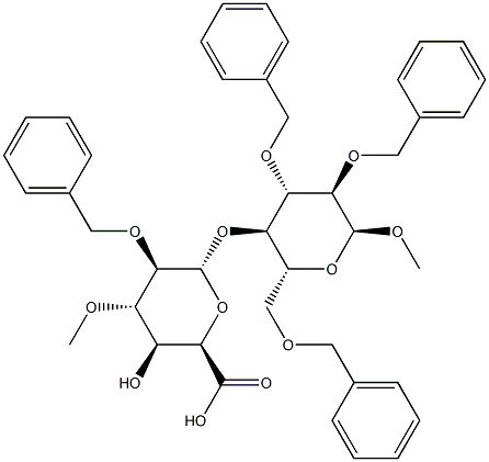 (2R,3S,4S,5R,6R)-5-(benzyloxy)-6-(((2R,3R,4S,5R,6S)-4,5-bis(benzyloxy)-2-((benzyloxy)methyl)-6-methoxytetrahydro-2H-pyran-3-yl)oxy)-3-hydroxy-4-methoxytetrahydro-2H-pyran-2-carboxylic acid 结构式