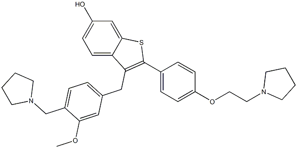 6-hydroxy-3-(3-methoxy-4-((1-pyrrolidinyl)methyl)benzyl)-2-(4-(2-(1-pyrrolidinyl)ethoxy)phenyl)benzo(b)thiophene 结构式