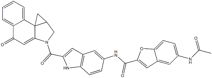 2-((5-((5-acetamino-1H-benzofuran-2-ylcarbonyl)amino)-1H-indol-2-yl)carbonyl)-1,2,9,9a-tetrahydrocyclopropa(c)benz(e)indol-4-one 结构式