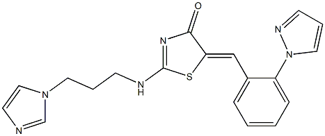 2-{[3-(1H-imidazol-1-yl)propyl]amino}-5-{(E)-[2-(1H-pyrazol-1-yl)phenyl]methylidene}-1,3-thiazol-4(5H)-one 结构式