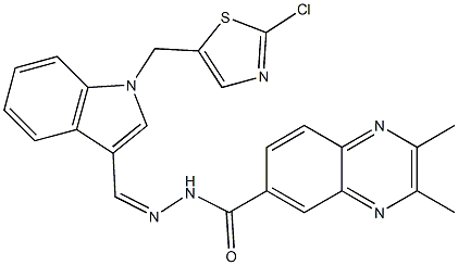 N'-((Z)-{1-[(2-chloro-1,3-thiazol-5-yl)methyl]-1H-indol-3-yl}methylidene)-2,3-dimethyl-6-quinoxalinecarbohydrazide 结构式