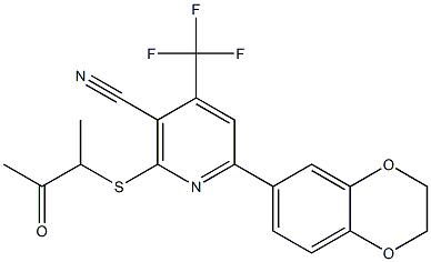 6-(2,3-dihydro-1,4-benzodioxin-6-yl)-2-[(1-methyl-2-oxopropyl)sulfanyl]-4-(trifluoromethyl)nicotinonitrile 结构式