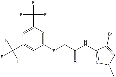 2-{[3,5-bis(trifluoromethyl)phenyl]thio}-N-(4-bromo-1-methyl-1H-pyrazol-3-yl)acetamide 结构式