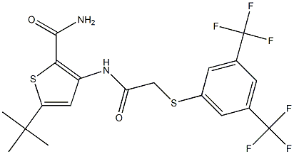 5-(tert-butyl)-3-[(2-{[3,5-di(trifluoromethyl)phenyl]thio}acetyl)amino]thiophene-2-carboxamide 结构式