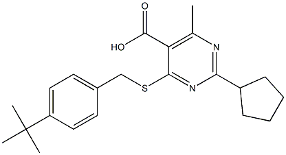 4-(4-tert-Butyl-benzylsulfanyl)-2-cyclopentyl-6-methyl-pyrimidine-5-carboxylic acid 结构式