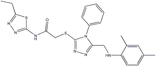 2-({5-[(2,4-dimethylanilino)methyl]-4-phenyl-4H-1,2,4-triazol-3-yl}sulfanyl)-N-(5-ethyl-1,3,4-thiadiazol-2-yl)acetamide 结构式