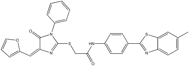 2-{[4-(2-furylmethylene)-5-oxo-1-phenyl-4,5-dihydro-1H-imidazol-2-yl]sulfanyl}-N-[4-(6-methyl-1,3-benzothiazol-2-yl)phenyl]acetamide 结构式